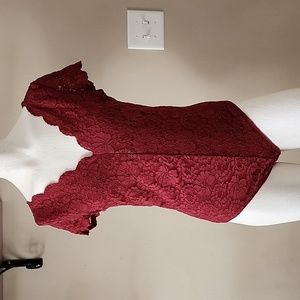 🔴 Express Red Lace Short Sleeve V Neck Bodysuit